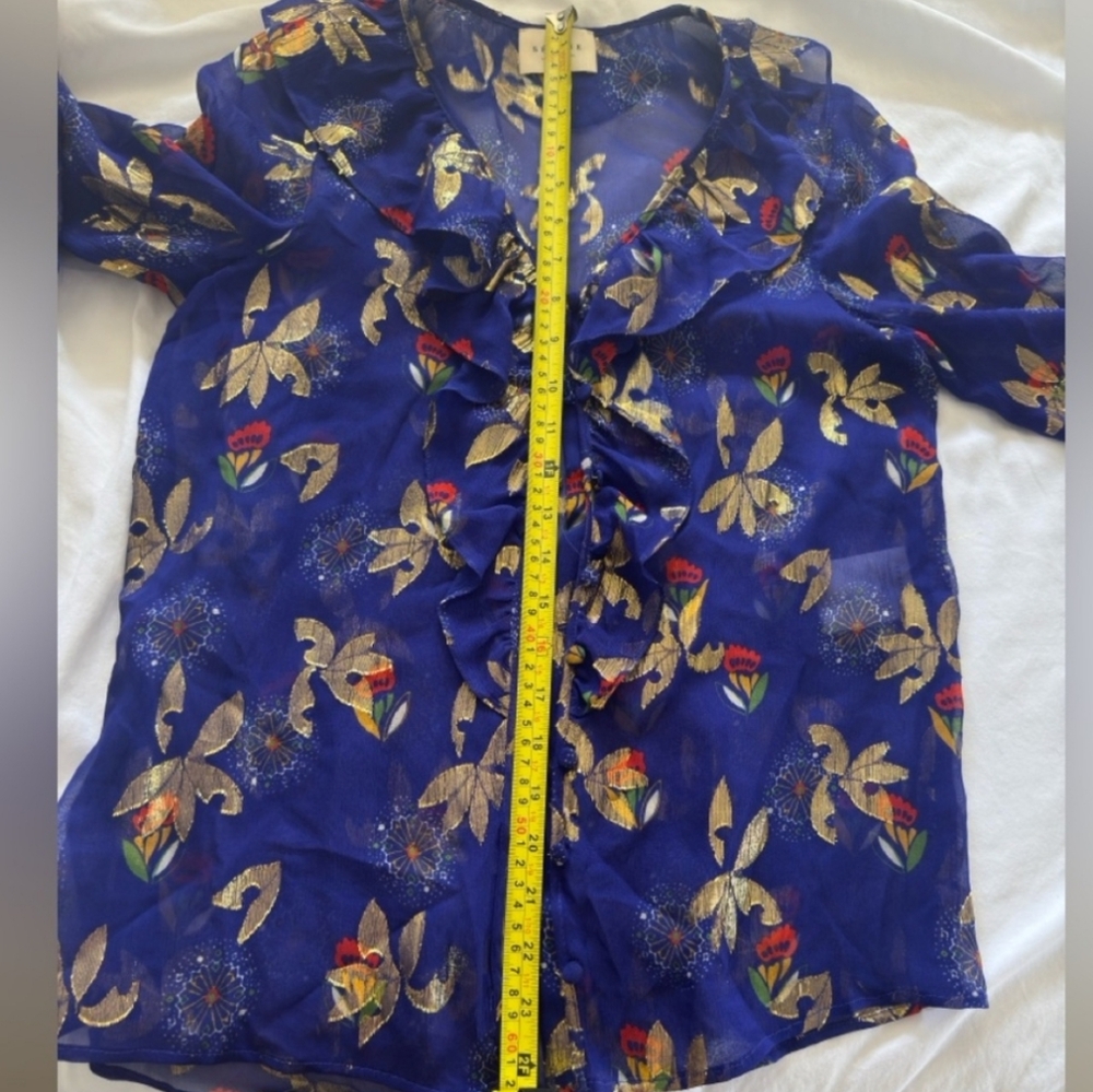 SÉZANE PRISCILLE Ruffle Neck Silk Electric Blue Floral Lurex Blouse 34 NWOT - Picture 11 of 14